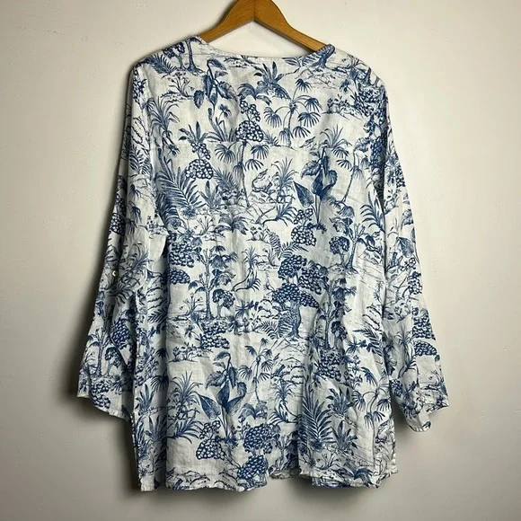 Joie Tunic Top Blouse Size 2X 100% Linen Long 3/4 Sleeve Novelty Print Natural - Picture 2 of 10